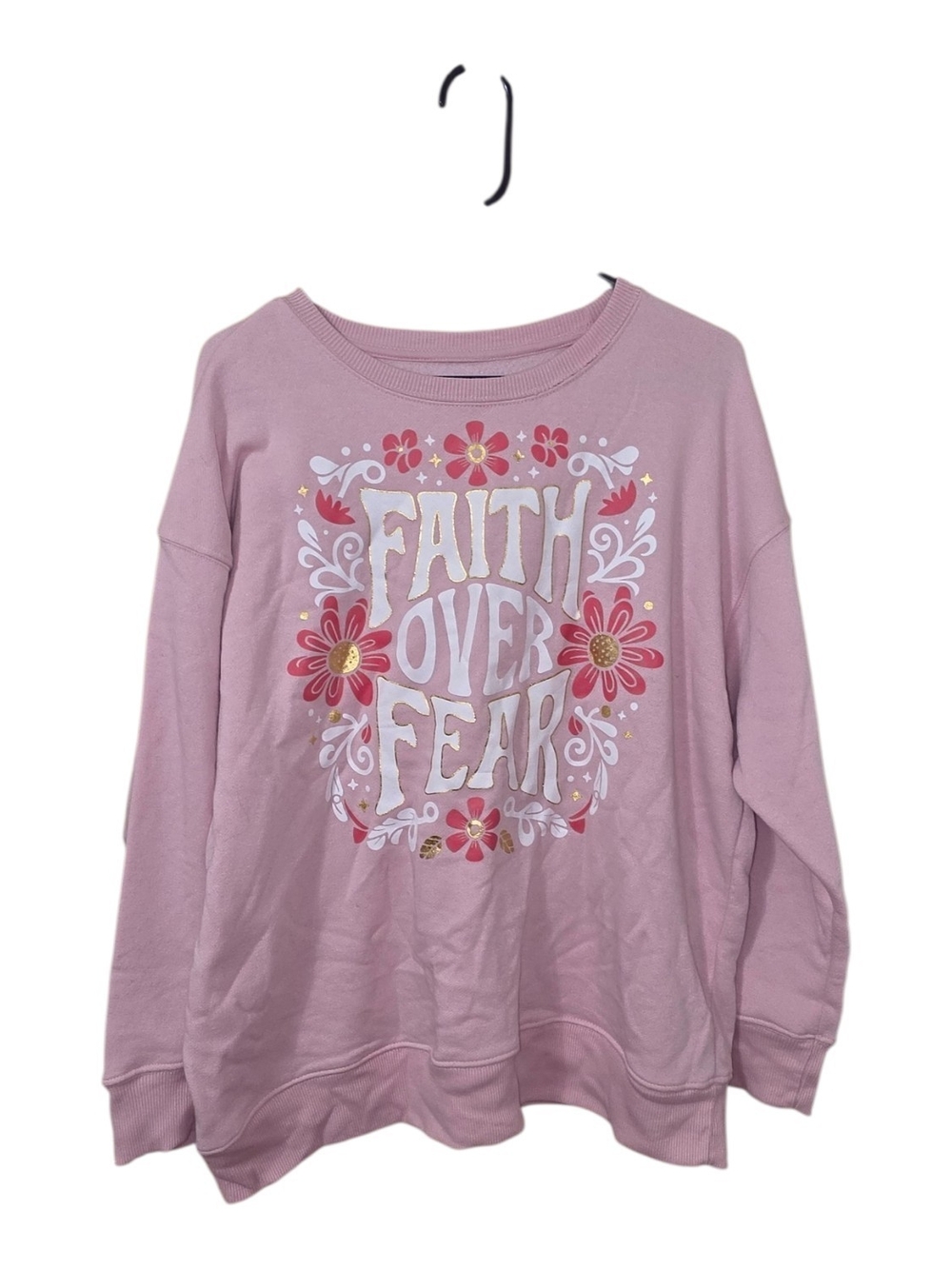 Positive Tees Faith Over Fear Floral Pink Crewneck Sweatshirt Large 12-14